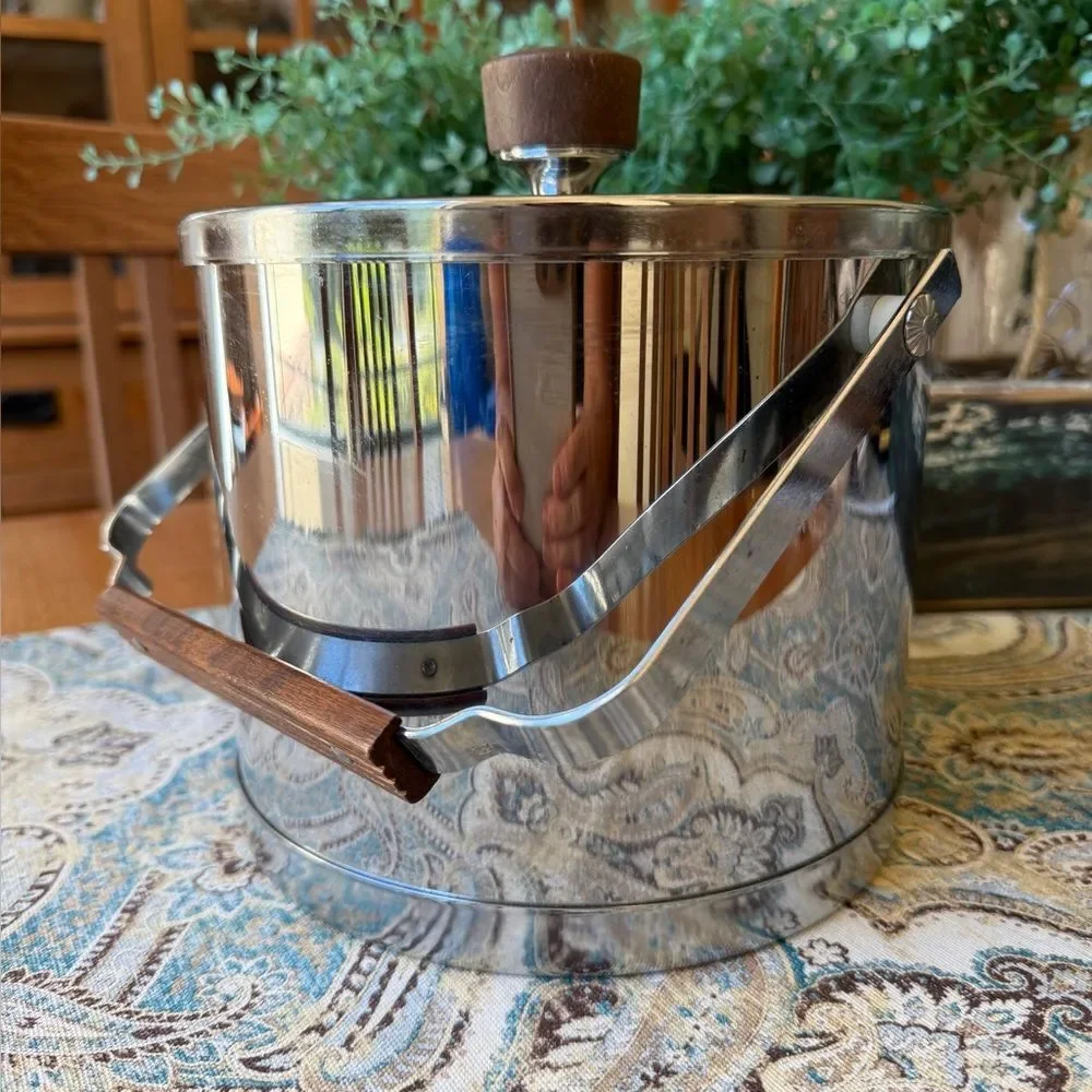 Stainless Steel Ice Bucket With Wooden Handle & Tongs Mid Century Modern Vintage